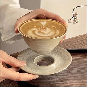 French Ceramic Inverted Triangle Cup with Saucer